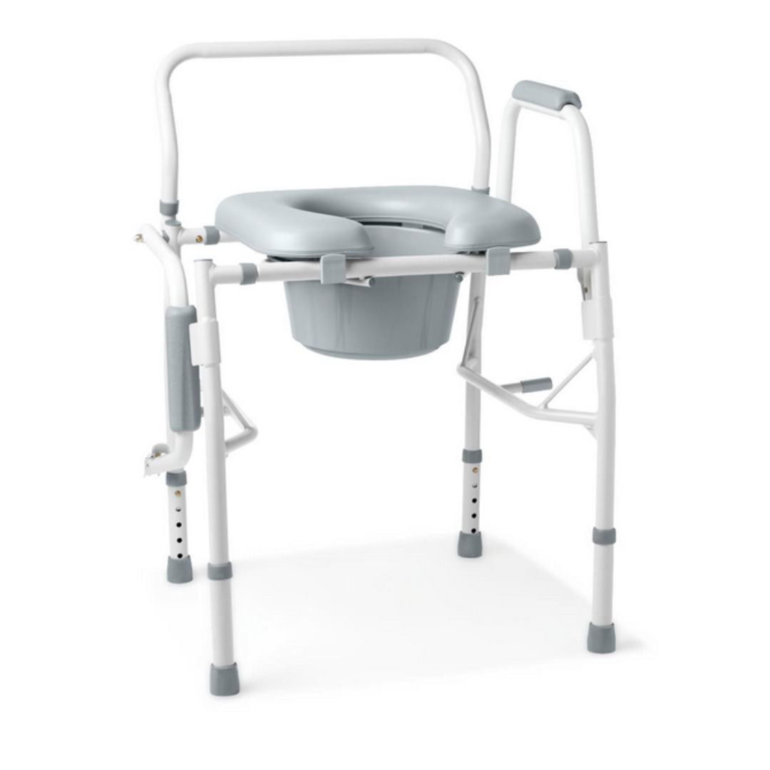 The Medline Steel Drop-Arm Bedside Commode features a padded gray seat and bucket, a sturdy frame accessible for wheelchairs, armrests, and height-adjustable legs. Ideal for those with limited mobility, it provides convenience and support.